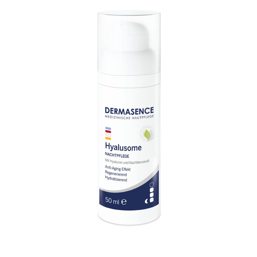 Dermasence Hyalusome Night care 50ml tube, an anti-aging cream with hyaluronic acid and sunflower oil.
