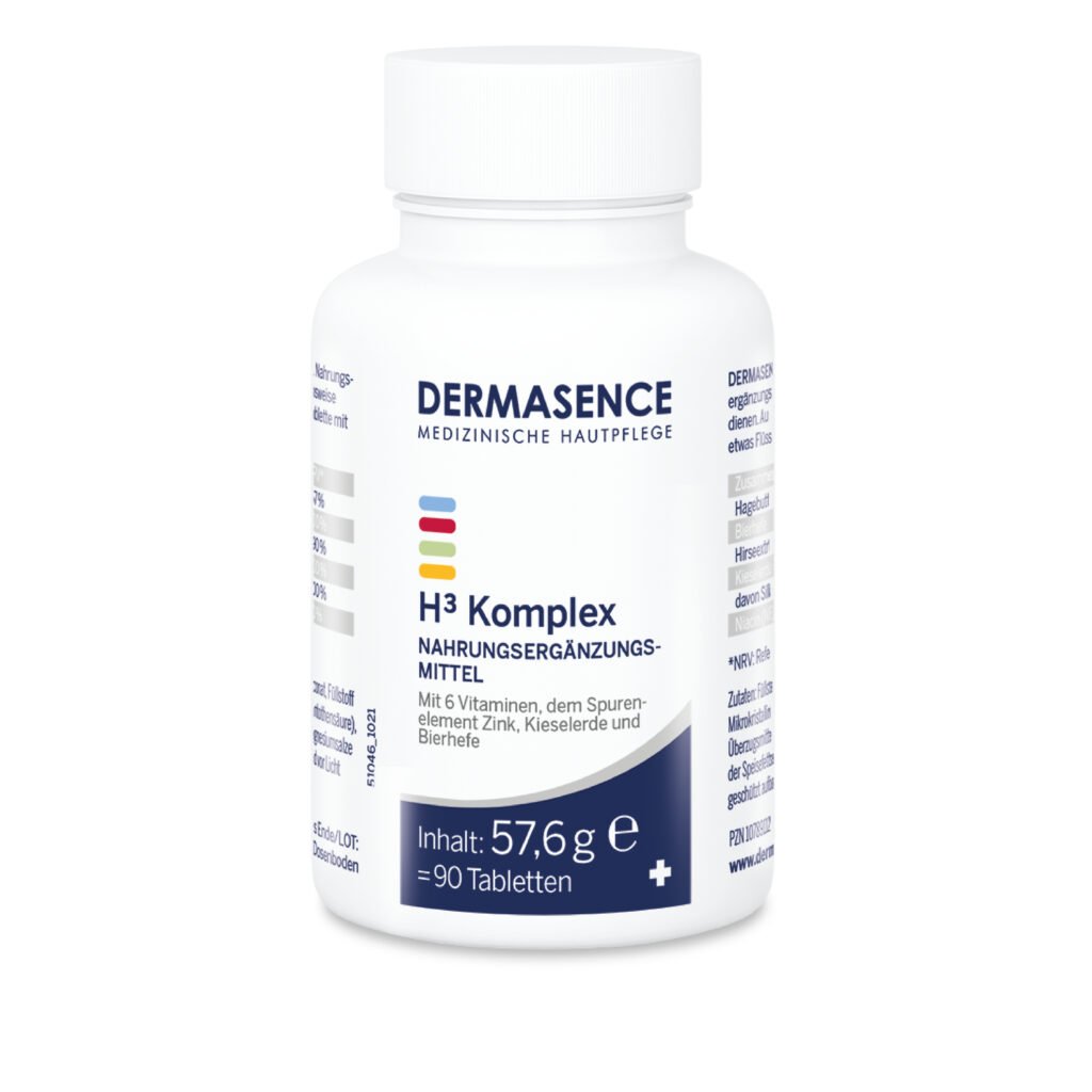 Dermasence H³ Komplex nutritional supplement tablets for healthy skin, hair, and nails, 90 tablets package.