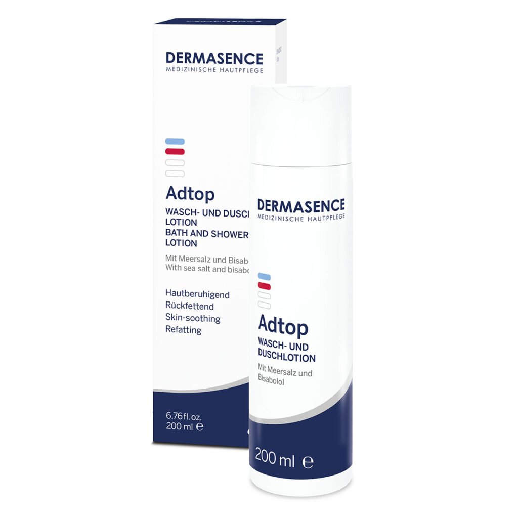 Dermasence Adtop Wash and shower lotion, a white 200ml bottle with a blue label, designed for mild, soap-free cleansing for all skin types.