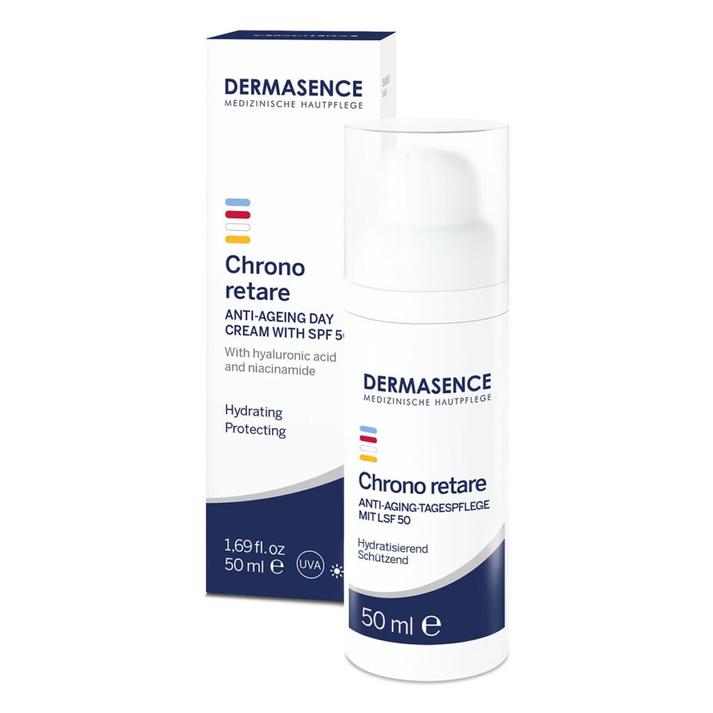 Dermasence Chrono retare Anti-ageing day cream SPF 50 in a white 50ml tube, offering high sun protection for mature skin.