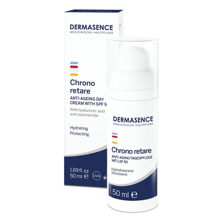 Dermasence Chrono retare Anti-ageing day cream SPF 50 in a white 50ml tube, offering high sun protection for mature skin.