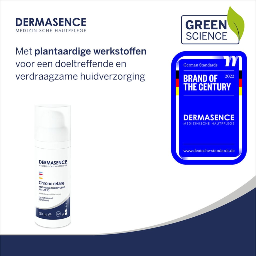 Front of Dermasence Chrono retare Anti-ageing Day Cream SPF 50, 50ml tube.