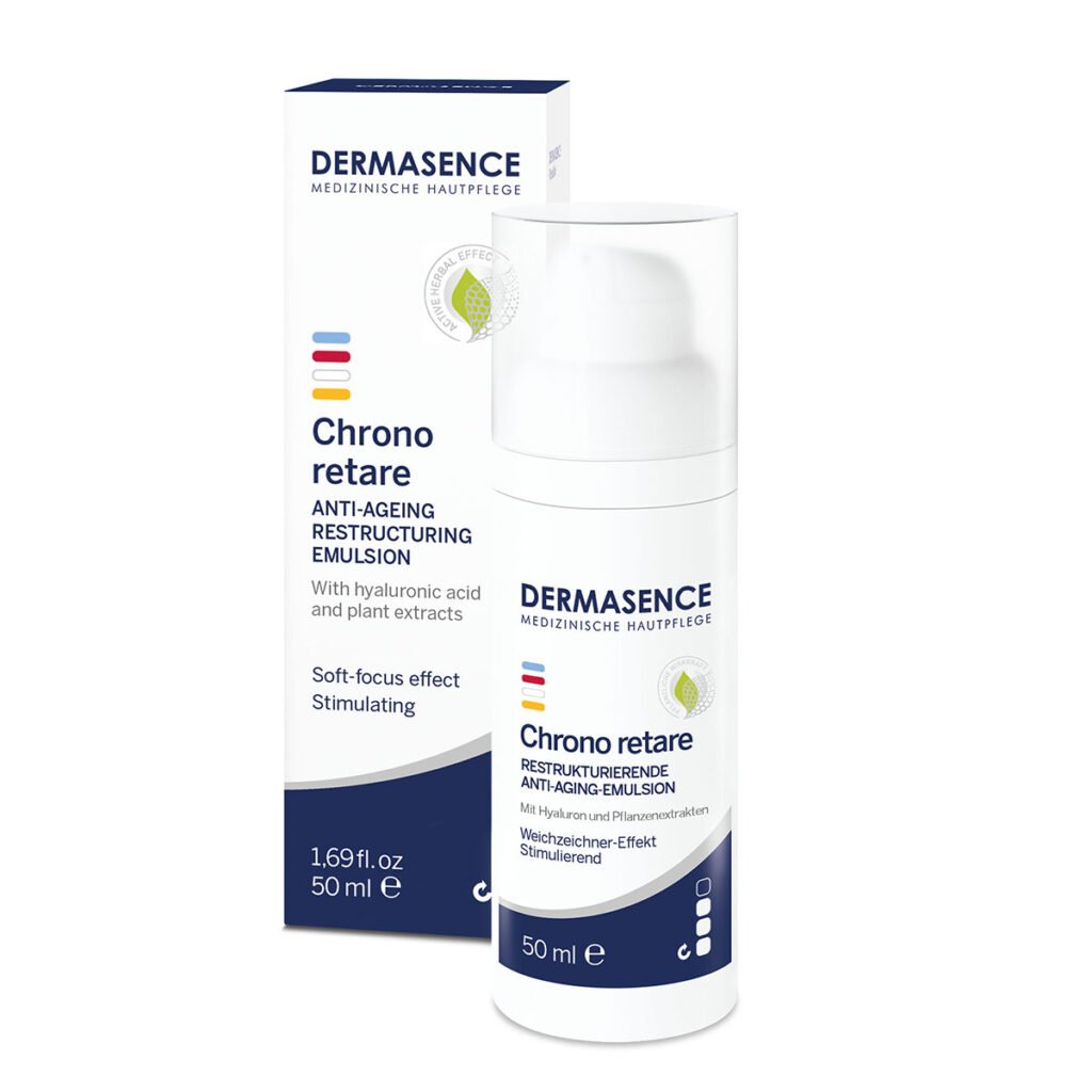 Dermasence Chrono retare Anti-ageing restructuring emulsion, 50ml white tube, for mature and aging skin.