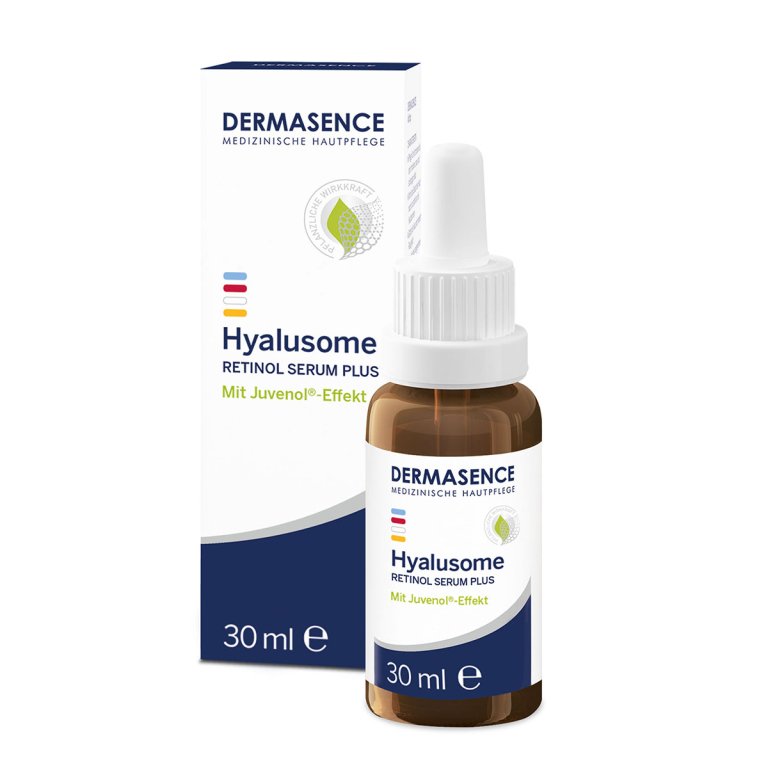 Dermasence Hyalusome Retinol Serum Plus in a white pump bottle, featuring retinol and bakuchiol for anti-aging and skin regeneration.