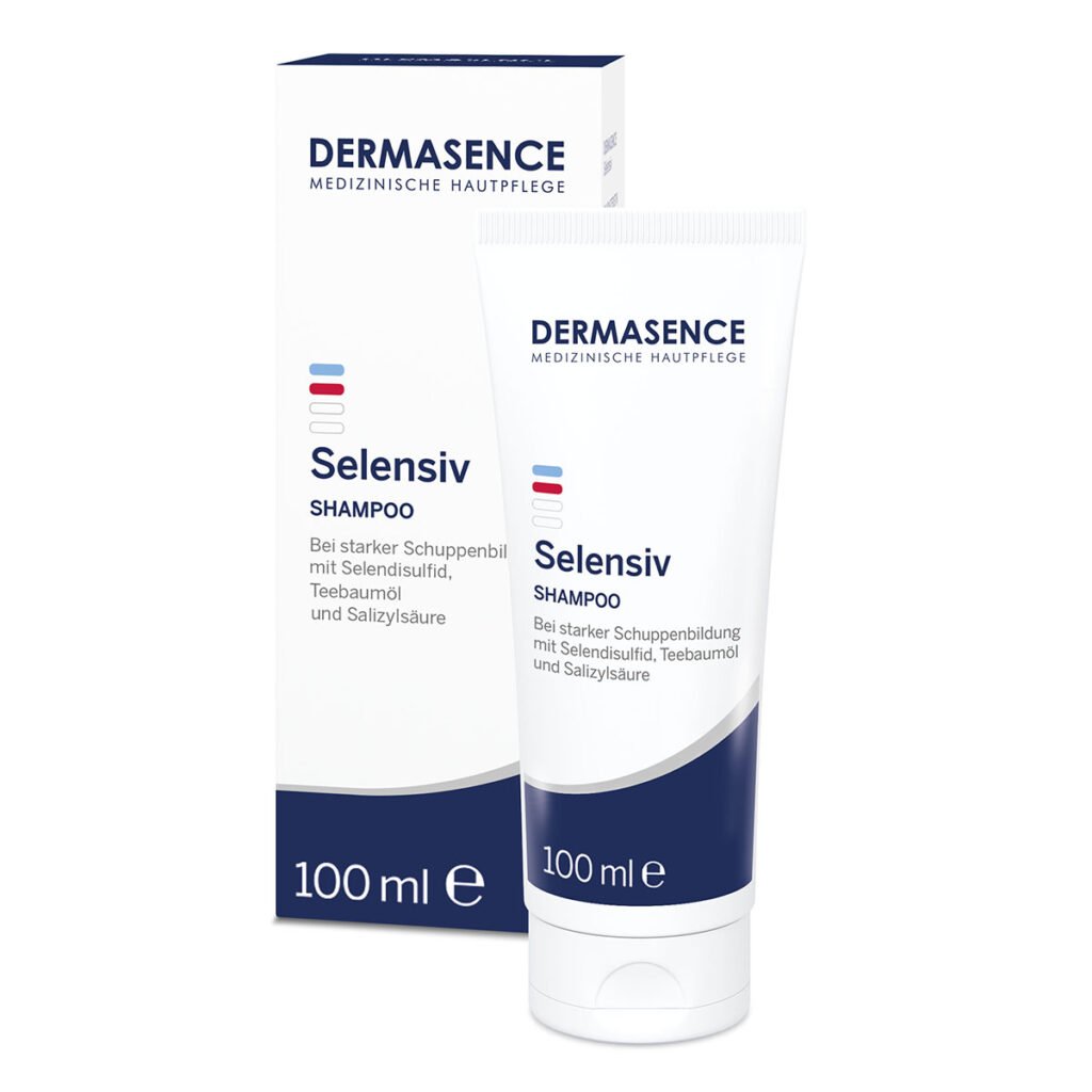 Dermasence Selensiv medicated shampoo in a white and green 100ml bottle, formulated for severe and recurring dandruff treatment.