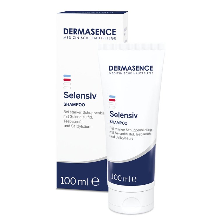 Dermasence Selensiv medicated shampoo in a white and green 100ml bottle, formulated for severe and recurring dandruff treatment.