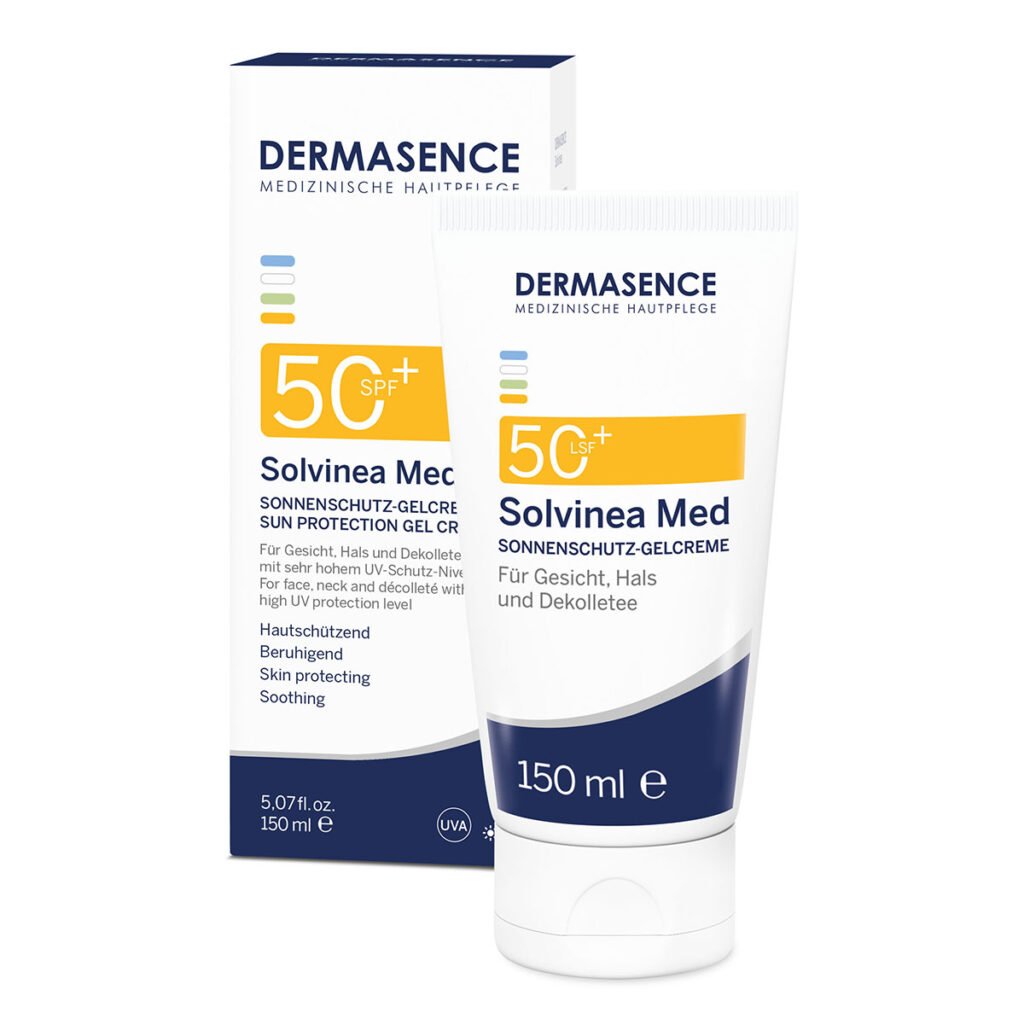 White tube of Dermasence Solvinea Med SPF 50+ sun gel cream, 150ml, with a red cap.