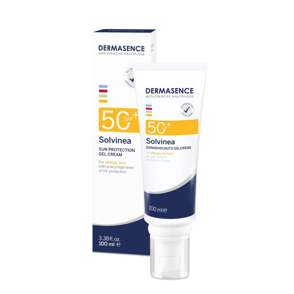Dermasence Solvinea Sun Protection Gel Cream SPF 50+ in a white tube with orange cap, for allergic and sensitive skin with very high UV protection and an oil-free, hypoallergenic formula.