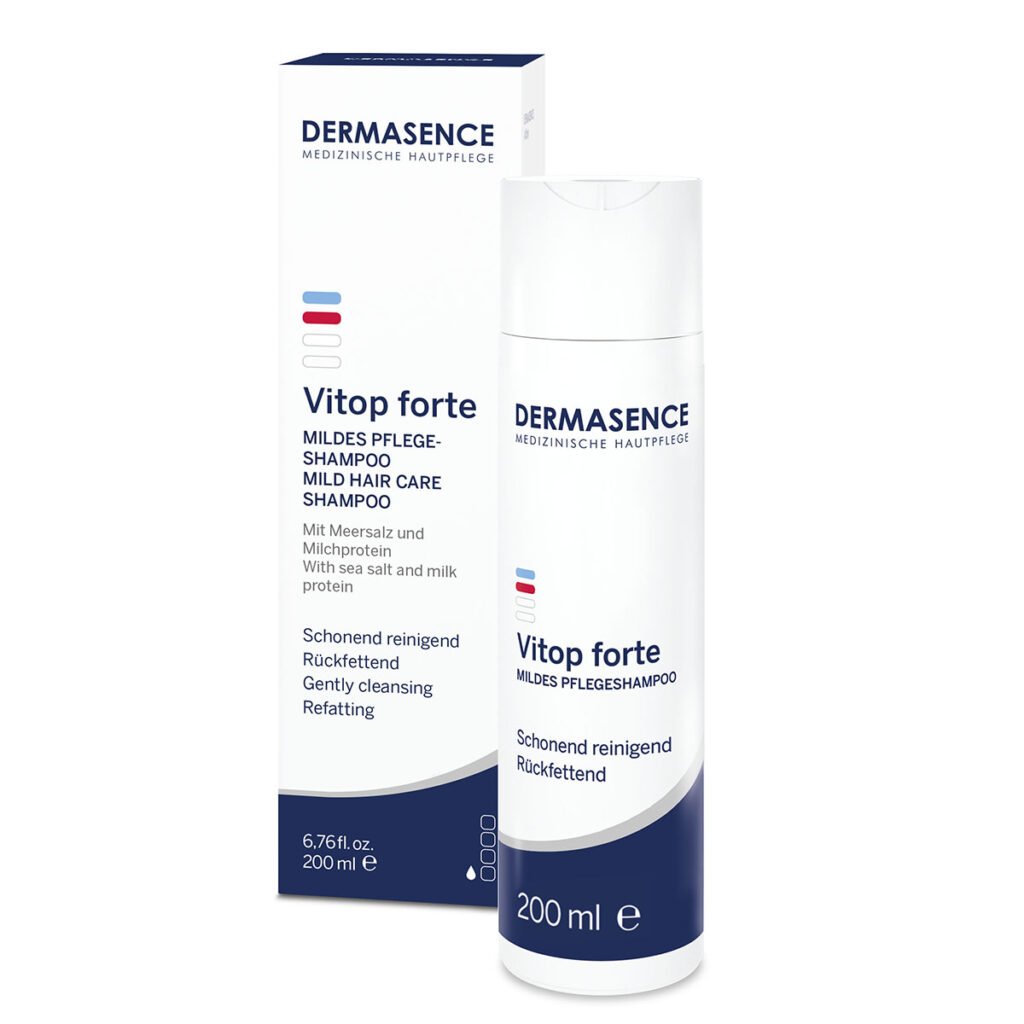 White bottle of Dermasence Vitop forte Mild Care Shampoo for sensitive scalp.