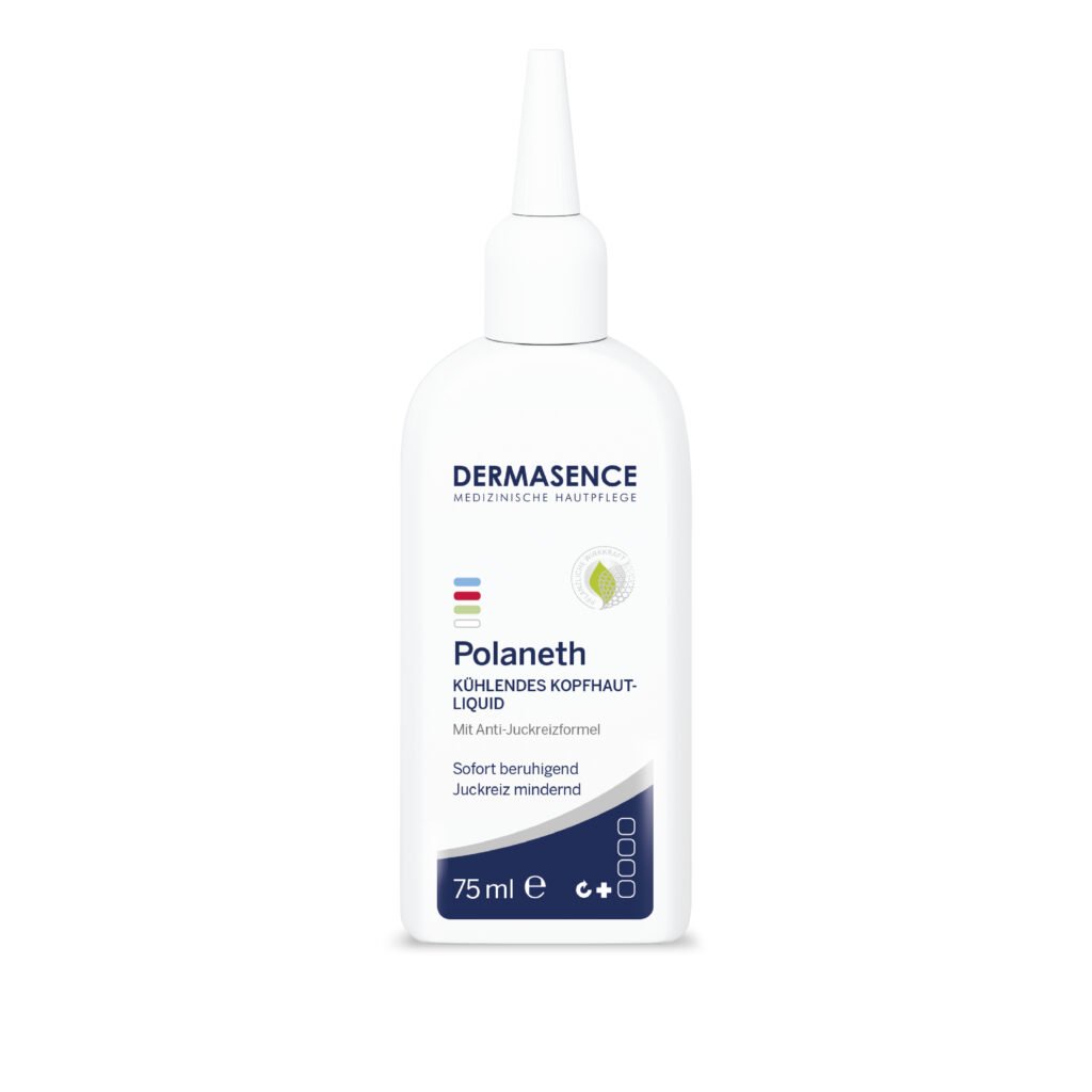 Dermasence Polaneth Liquid 75ml cooling scalp tonic for instant relief from itching and irritated scalp, suitable for neurodermatitis and psoriasis.