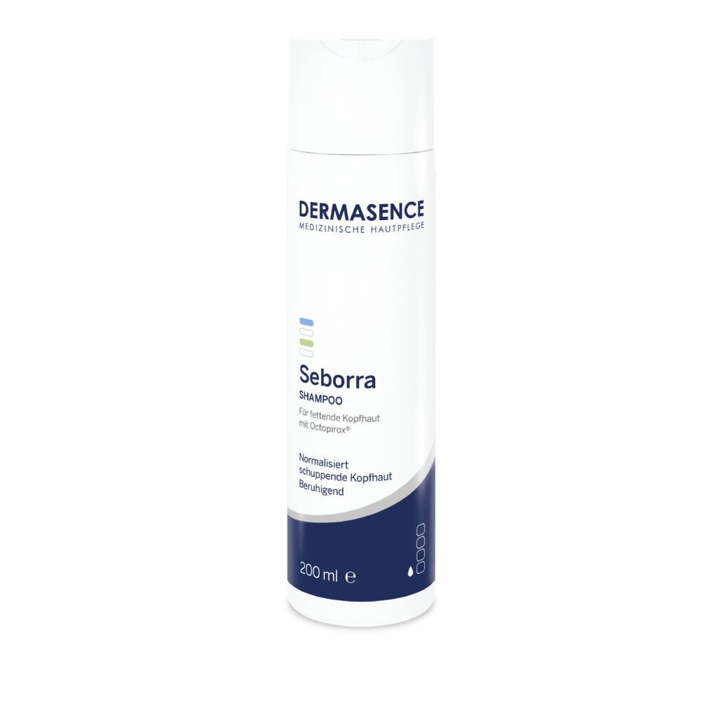 Dermasence Seborra Shampoo, 200ml white bottle with dark blue cap, for oily scalp and dandruff.