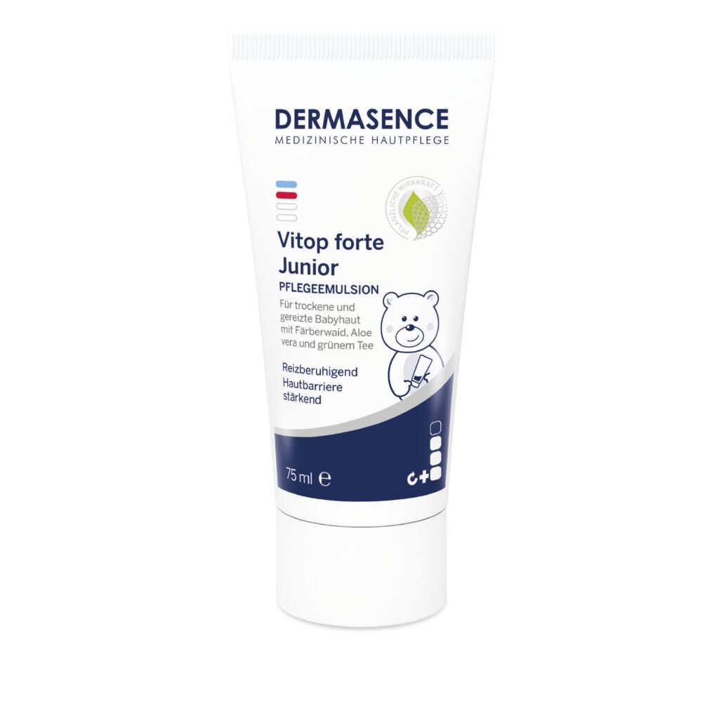Witte 75ml tube van Dermasence Vitop forte Junior emulsie, speciaal voor intensieve verzorging en kalmering van de gevoelige babyhuid.